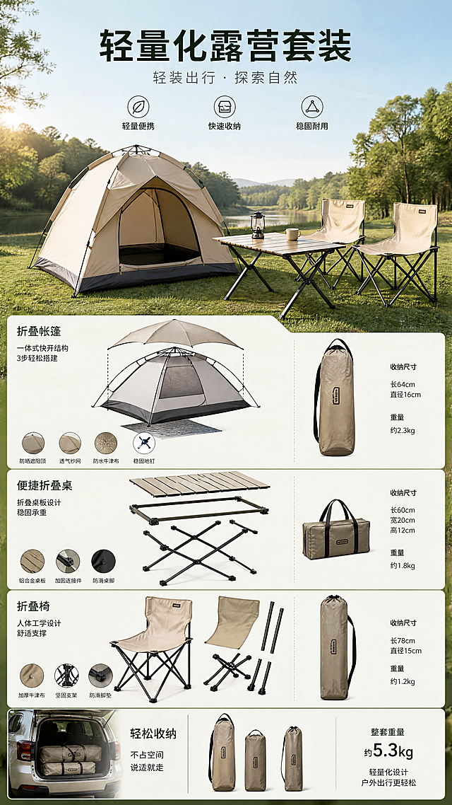 轻量化露营套装元素展示，包含折叠帐篷、便捷折叠桌椅，户外清新自然风格，清晰展示产品结构