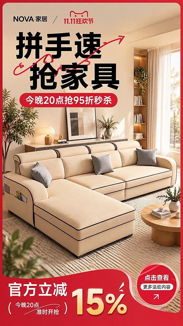 图生图模式：参考第1张图的9:16竖版家具大促海报版式（顶部左侧品牌logo与右侧活动logo并列；超粗黑色大标题带红色手绘箭头装饰；下方红色胶囊副标题；中部产品大图；底部红色斜切色块含官方立减与超大折扣数字及开抢时间小字；右下角斜放圆形印章按钮），主体替换为第2张图中的米白色L型转角布艺沙发（圆润厚实座包、黑色滚边线条工艺、灰蓝色抱枕，保持外观、造型、颜色与细节完全一致）。生成暖色调为主的9:16竖版淘宝/天猫商品海报。

画面结构（自上而下）：
- 顶部：左侧小字logo「NOVA 家居」；右侧小字logo「11.11狂欢节」
- 主标题（超粗黑色大字，占据上方）：第一行「拼手速」第二行「抢家具」；标题旁红色手绘箭头与勾线装饰
- 标题下方红色胶囊标签白字：「今晚20点抢95折秒杀」
- 中部主体：米白色L型转角布艺沙发置于暖光客厅（浅色地毯、木色茶几、绿植、装饰画、窗帘），画面上部留白干净
- 底部红色斜切色块：白字「官方立减」；旁边小字「今晚20点 准时开抢」；右侧超大金色数字「15%」
- 右下角红色圆形印章：白字「点击查看 更多活动内容」

整体要求：暖色调氛围强（米白、奶油、浅驼为主，正红与金色作促销点缀），产品沙发造型与滚边工艺准确，全部文字使用「阿里巴巴普惠体」风格（现代无衬线黑体、字形方正、笔画均匀、字重清晰），字体清晰无错别字无乱码，无任何水印。