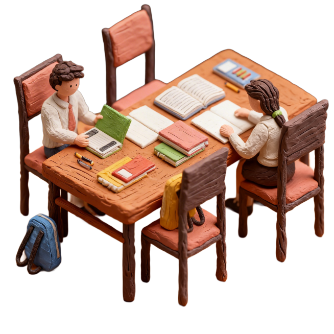 将这张学习场景插画转换为3D黏土风格，保留原有场景布局、人物和物品造型，保持原配色，做出饱满立体的黏土材质纹理预览效果