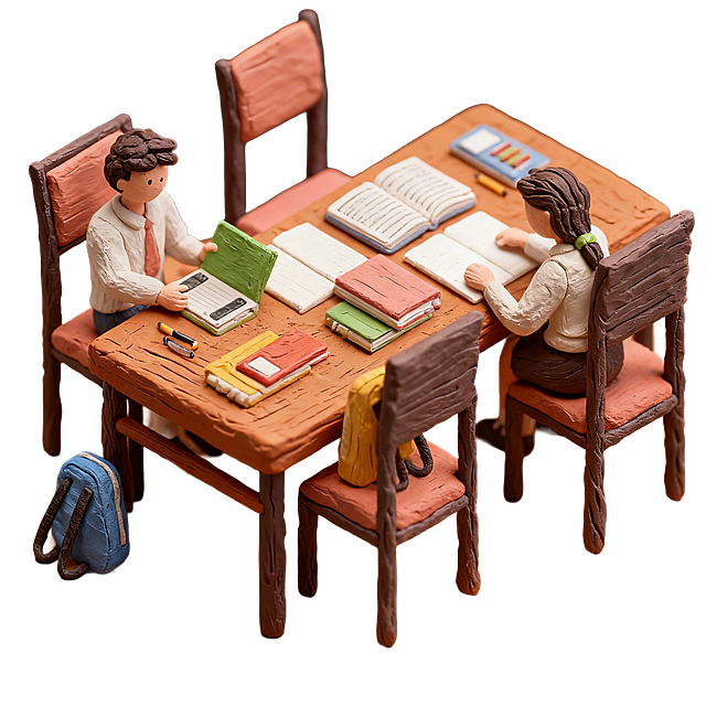 将这张学习场景插画转换为3D黏土风格，保留原有场景布局、人物和物品造型，保持原配色，做出饱满立体的黏土材质纹理