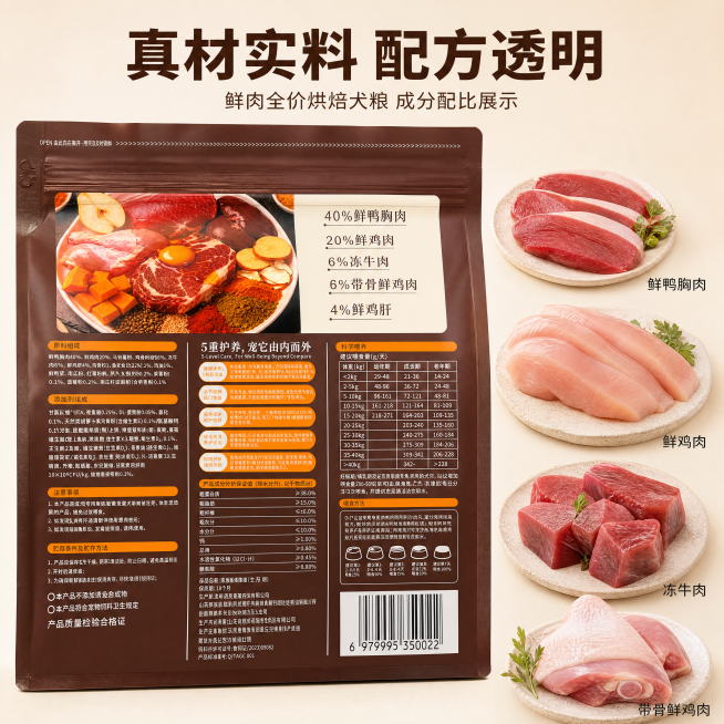 [主图-4] 鲜肉全价烘焙犬粮成分配比展示
氛围:专业配方透明，真实可信
画质:商业摄影质感、光线柔和通透、产品清晰真实、画面干净高级
元素:左侧放产品背标保留原料表格，右侧画中画展示鲜食材切片，保持预览效果