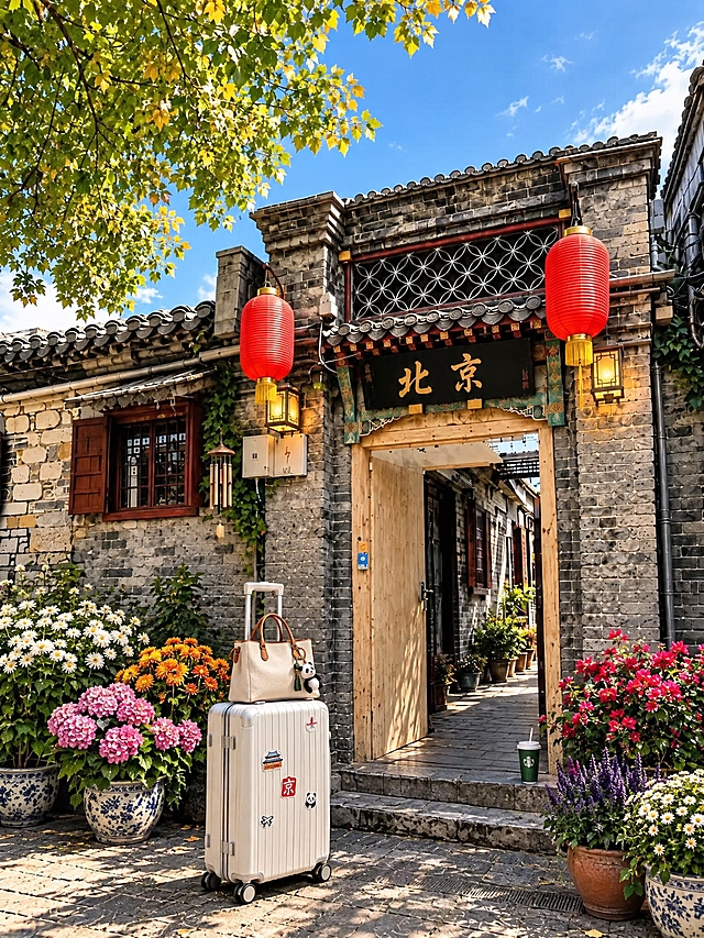 保持北京胡同大门建筑结构、光影、墙面地面材质完全不变，仅修改软装及物品，相似度40%。去掉门口的橘猫，行李箱和包包更换款式颜色，花卉盆栽更换品种和颜色，增加旅行小物。不要草编物、编织物，不要蜡烛，不要杂志地图。画面颜色通透不暗沉，天空和树叶为北京10月1日景色，绿叶为主带一点点黄色叶子渐变。自然真实像手机直拍，小红书爆款封面质感，配色好看。图片比例3:4。
