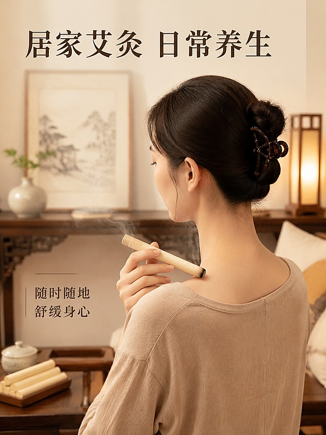 [第6屏] 人物使用场景-居家肩颈艾灸展示。本屏使用产品【图1】作为艾条主体。
[氛围/风格] 新中式居家场景，温馨放松，真实自然，养生氛围感。
[元素布局] 画面主体为女生肩颈部位，手持点燃的本品艾条正在艾灸肩颈；背景为新中式简约客厅，搭配徽派造型条案装饰；艾条保持产品原有特征，人物动作自然。
[光影质感] 室内柔和暖光，人物和产品清晰，背景轻微虚化，突出主体。
[配色色系] 全局底色 #F5F0E6；主色木色家具+米白艾条；辅助色浅咖人物衣物。
[视角构图] 中景构图，聚焦肩颈艾灸动作，人物与产品自然融合。
[文字版式] 顶部标题「居家艾灸 日常养生」，左下角标注「随时随地 舒缓身心」，文字不遮挡人物和产品，清晰可读。
[比例分辨率] 3:4 竖版比例，4K分辨率，文字清晰可辨，高清画质。
[负向提示词] 人物动作扭曲，艾条变形，文字遮挡主体，颜色偏差，水印，背景杂乱。