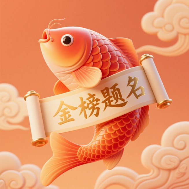 软3D风格插画，主体为橙红色渐变锦鲤，鱼鳞有细腻光泽感，鱼身缠绕着展开的卷轴，卷轴上有金色"金榜题名"书法文字，背景是飘逸的祥云图案，整体色调以暖橙色为主，光影柔和，立体感通过平滑过渡的渐变和轻微阴影表现，画面富有吉祥喜庆氛围，构图紧凑饱满，元素边缘圆润无棱角，呈现出柔软温和的3D视觉效果。预览效果