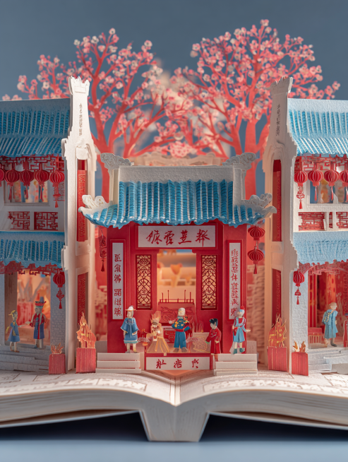 New Chinese paper-cut art style, 3D pop-up book unfolding effect, core scene is traditional Minnan a预览效果