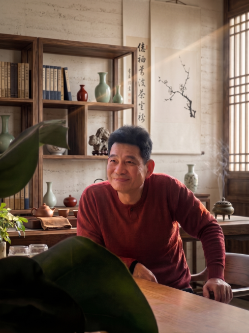 保留人物本来的样子和五官不变，将背景更换为简约茶室书房背景，营造更有意境和摄影氛围感，搭配人物沉稳儒雅的气质，前景保留绿色植物和木质桌面预览效果