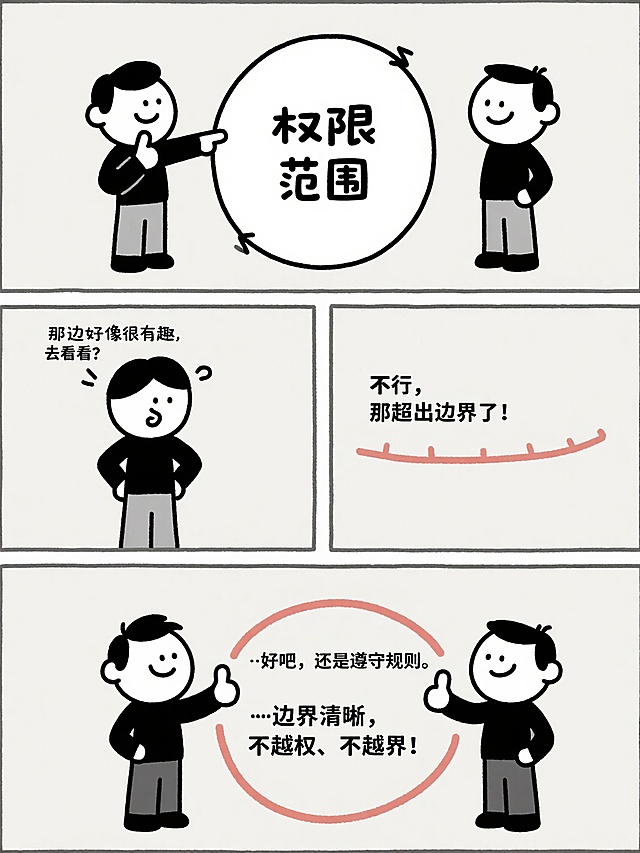 卡通感插画风漫画，单色设计搭配简约线条，通过分镜叙事展现权限边界主题，印刷风排版强化规则意识，传递清晰边界与自律理念。