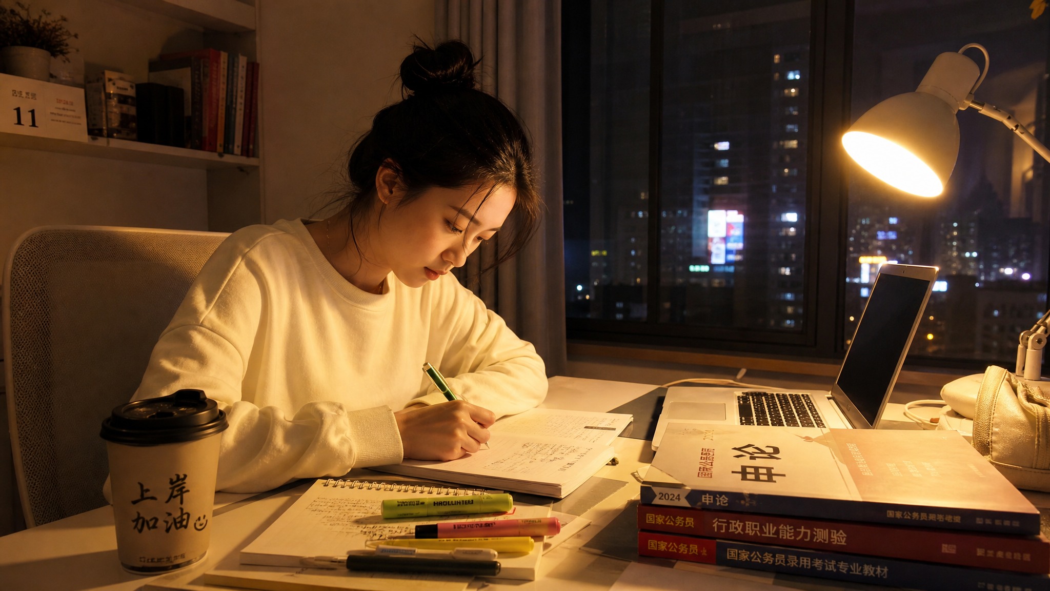 一位25-30岁的女性学生，深夜在卧室书桌前学习考公资料，桌上… - 图片创意预览