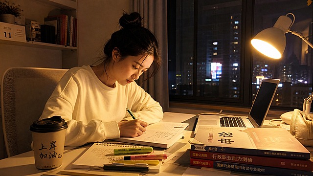 一位25-30岁的女性学生，深夜在卧室书桌前学习考公资料，桌上有咖啡杯、公务员考试用书、笔记本电脑和荧光笔，台灯发出暖黄色的光，窗外是城市夜景，氛围努力拼搏，写实风格，暖色调