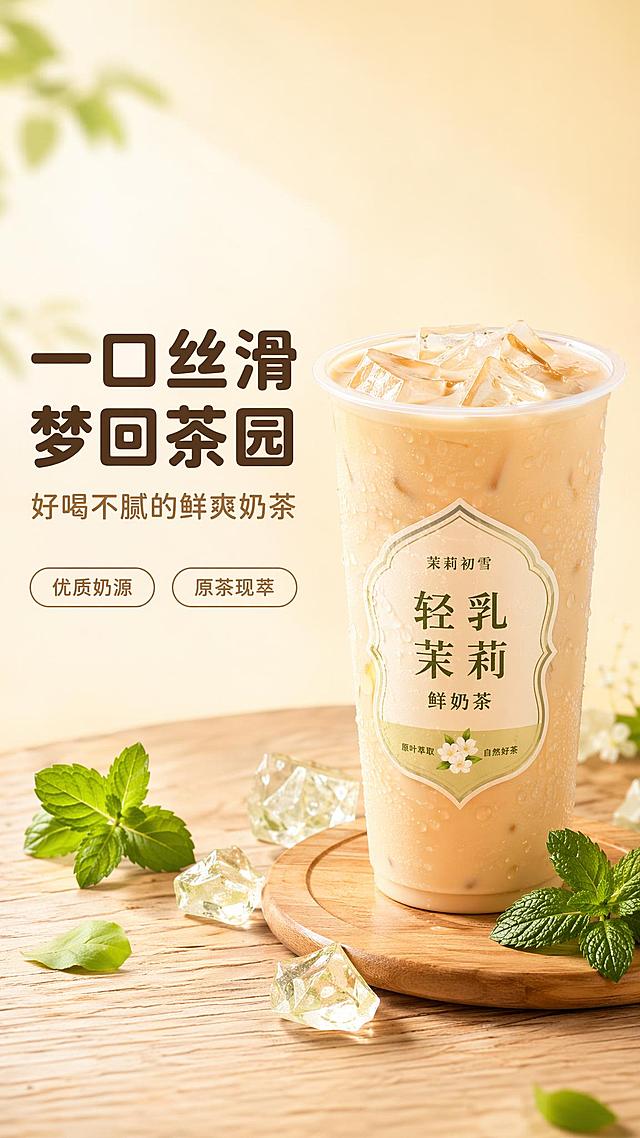 [第1屏] 详情页头图-风味奶茶饮品新品宣传海报
[氛围/风格] 清新治愈风，暖米色背景，营造轻松惬意的下午茶氛围，商业美食摄影质感
[元素布局] 奶茶杯放置画面右侧偏中位置，占比约65%；左侧预留标题区，杯底放置木质桌面，周围点缀冰块和薄荷叶装饰；产品外观、包装结构、颜色与输入产品一致，保留主体比例
[光影质感] 左侧柔光打光，杯身保留自然高光，木质桌面形成柔和阴影，整体明亮通透，突出奶茶的冰爽质感
[配色色系] 全局底色 #FFF8E8；主色暖米棕；辅助色浅绿冰块、深棕标题
[视角构图] 正面平视，产品为视觉中心，阅读动线：左侧标题→右侧产品→底部装饰
[文字版式] 版式为左文右图，左侧标题区域。主标题「一口丝滑梦回茶园」，副标题「好喝不腻的鲜爽奶茶」，圆角黑体，左对齐；主标题深棕色，副标题浅棕色；底部两个信息卖点：「优质奶源」「原茶现萃」，小胶囊底框；文字不遮挡主体
[比例分辨率] 9:16 竖版比例，宽度1080px，高度1920px，4K分辨率，文字清晰可辨，高清画质
[负向提示词] 变形，文字错乱，文字过小，缺件错件，结构错误，颜色偏差，包装文字错乱，产品图模糊，背景杂乱