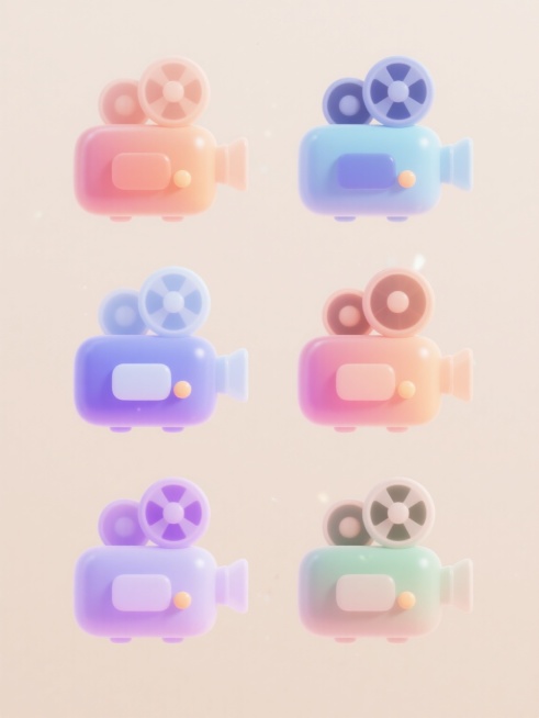 3D渲染风格的放映机图标，采用柔和渐变色彩，表面光滑圆润，具有微妙的光影效果和轻微的透明感，简约现代的设计语言，六个不同配色、不同样式、不同材质的放映机造型，浅色背景，上下两行对齐排列预览效果