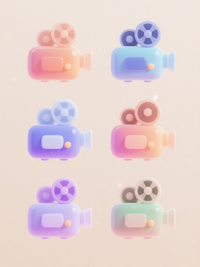 3D渲染风格的放映机图标，采用柔和渐变色彩，表面光滑圆润，具有微妙的光影效果和轻微的透明感，简约现代的设计语言，六个不同配色、不同样式、不同材质的放映机造型，浅色背景，上下两行对齐排列