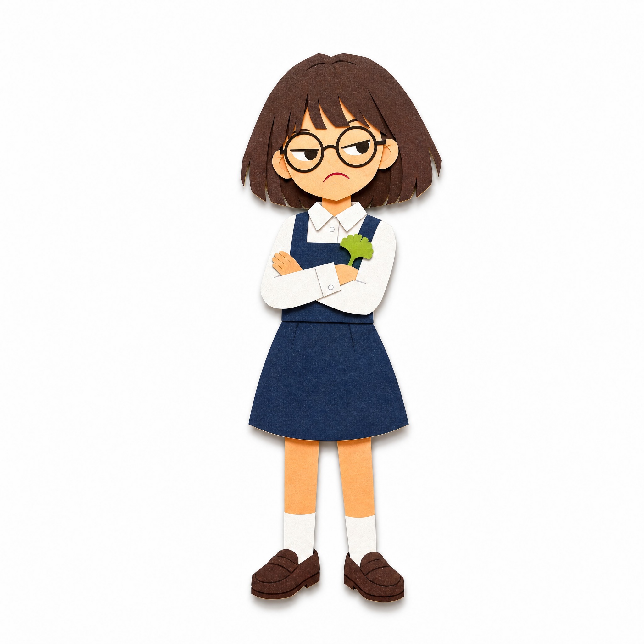 保持Vox剪纸板小人画风，同一个戴眼镜短发女孩，双臂交叉抱在胸… - 图片创意预览