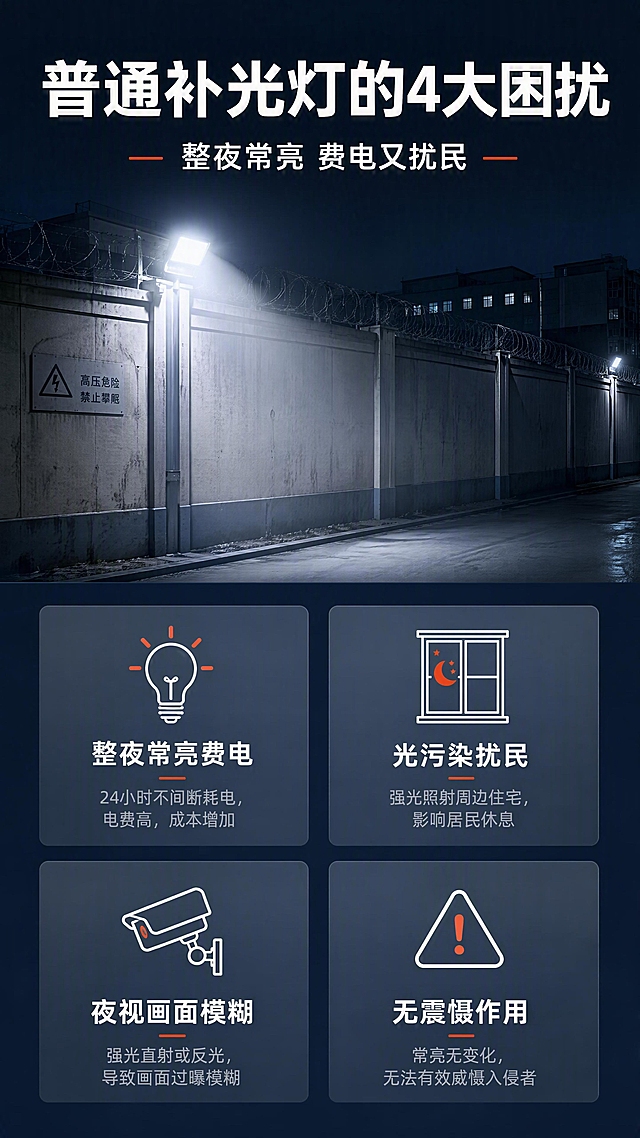[第2张] 痛点直击页-普通常亮补光灯的四大问题。本张为痛点页，无需使用产品图。
[氛围/风格] 工业安防风，偏暗问题场景感，专业客观，信息图风格。
[元素布局] 画面上下结构：上半部分为深夜厂区围墙场景，一盏常亮投光灯整夜亮着，光线强烈；下半部分4个痛点卡片2×2排列，每卡配简洁线性图标。背景为深灰蓝渐变，干净无杂物。
[光影质感] 环境偏暗，常亮灯发出白光形成光污染效果；卡片区均匀柔光照明，文字清晰。
[配色色系] 全局底色 #121E33 深灰蓝；主色白色文字；辅助色橙红色警示标签、浅灰卡片底。
[视角构图] 正面平视，阅读动线顶部大标题→中部场景→底部4卡片矩阵。
[文字版式] 顶部大标题「普通补光灯的4大困扰」，副标题「整夜常亮 费电又扰民」。4个痛点卡片：左上「整夜常亮费电」配灯泡图标，右上「光污染扰民」配窗户图标，左下「夜视画面模糊」配摄像头图标，右下「无震慑作用」配警示图标。每卡标题+1行说明，文字清晰。
[比例分辨率] 9:16 竖版比例，4K分辨率，文字清晰可辨，高清画质。
[负向提示词] 产品图出现，文字错乱，文字过小，水印，颜色偏差，画面杂乱，人物负面形象。