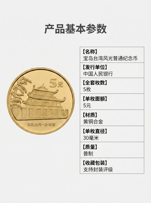 [商品详情板块-产品参数] 纪念币专业参数信息展示页。
[氛围风格] 专业严谨简约干净风格；
[画质] 清晰干净平面设计，文字清晰可辨。
[元素] 左侧放置一枚纪念币展示，右侧用清晰表格罗列核心参数。预览效果