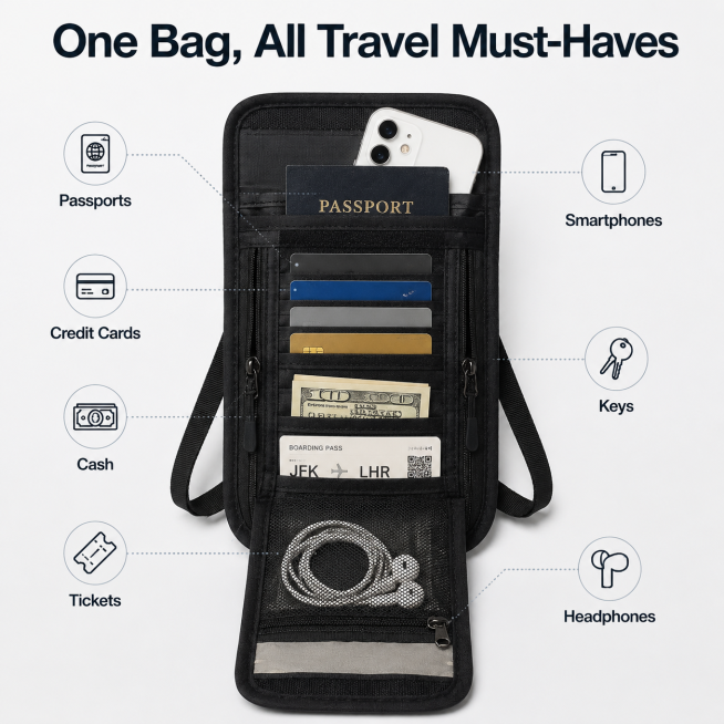 使用参考图里的passport wallet产品，设计一张欧美本土简约风格的产品功能介绍图，1:1构图，展示护照包打开后的内部结构。主标题放在顶部为"One Bag, All Travel Must-预览效果