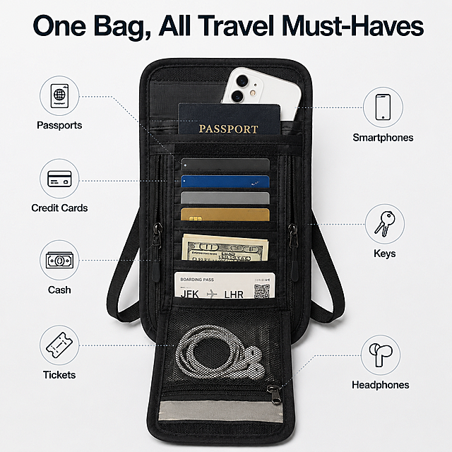 使用参考图里的passport wallet产品，设计一张欧美本土简约风格的产品功能介绍图，1:1构图，展示护照包打开后的内部结构。主标题放在顶部为"One Bag, All Travel Must-Haves"，下方对应每个物品分类放置对应图标和文案：Passports、Credit Cards、Smartphones、Cash、Tickets、Keys、Headphones，每个文本对应相应的物品放置在对应卡位口袋中，整体干净清晰，产品突出，尺寸1600x1600像素。