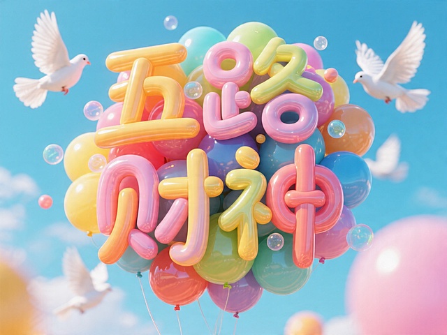 梦幻软3D风格，彩色气球构成“五路财神”字样，搭配飞翔白鸽与泡泡，充满甜蜜可爱与波普艺术感，传递节日喜庆氛围。