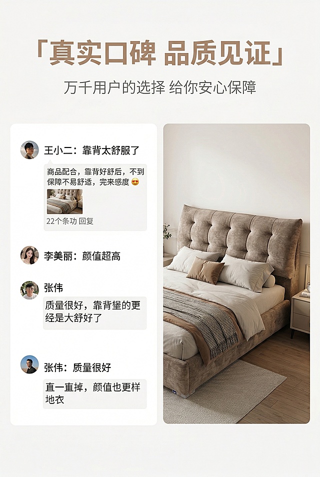 画布比例严格2:3竖版，严格还原上传的产品图，包括产品造型、细节等所有细节，产品尺寸比例保持1:1。主视觉：用户口碑展示，左侧为真实感拉满的用户评价截图（虚拟但真实，内容如：“靠背太舒服了”“颜值超高”“质量很好”），右侧为用户实拍产品图（卧室场景中的产品），纯净米白色背景，专业影棚柔光。主标题（画面顶部居中，大号无衬线轻奢字体，暖棕色#B89F89加粗）：「真实口碑 品质见证」，副标题（主标题正下方，小号同字体，浅灰色#E0E0E0）：「万千用户的选择 给你安心保障」。信息布局：左侧评价区占50%，右侧产品实拍占50%，标题区位于画面顶部，留白充足，文字清晰不遮挡。排版形式：杂志风口碑展示左右结构，图文结合，层级清晰，主标题醒目，以用户信任为核心。设计感强调：现代轻奢风格，排版精致，光影柔和，画面质感细腻，风格统一无割裂感。视觉要求：8K超高清，商业级口碑图，评价真实自然，产品细节清晰，背景纯净。负面提示词：模糊、变形、色差、低分辨率、像素块、杂乱元素、多余水印、文字排版混乱、透视错误、产品细节丢失、颜色失真、粗糙质感、廉价感、背景杂乱、光线昏暗、阴影过重、字体不统一、风格割裂、评价虚假、排版混乱、遮挡产品、文字过大、风格廉价、背景杂乱