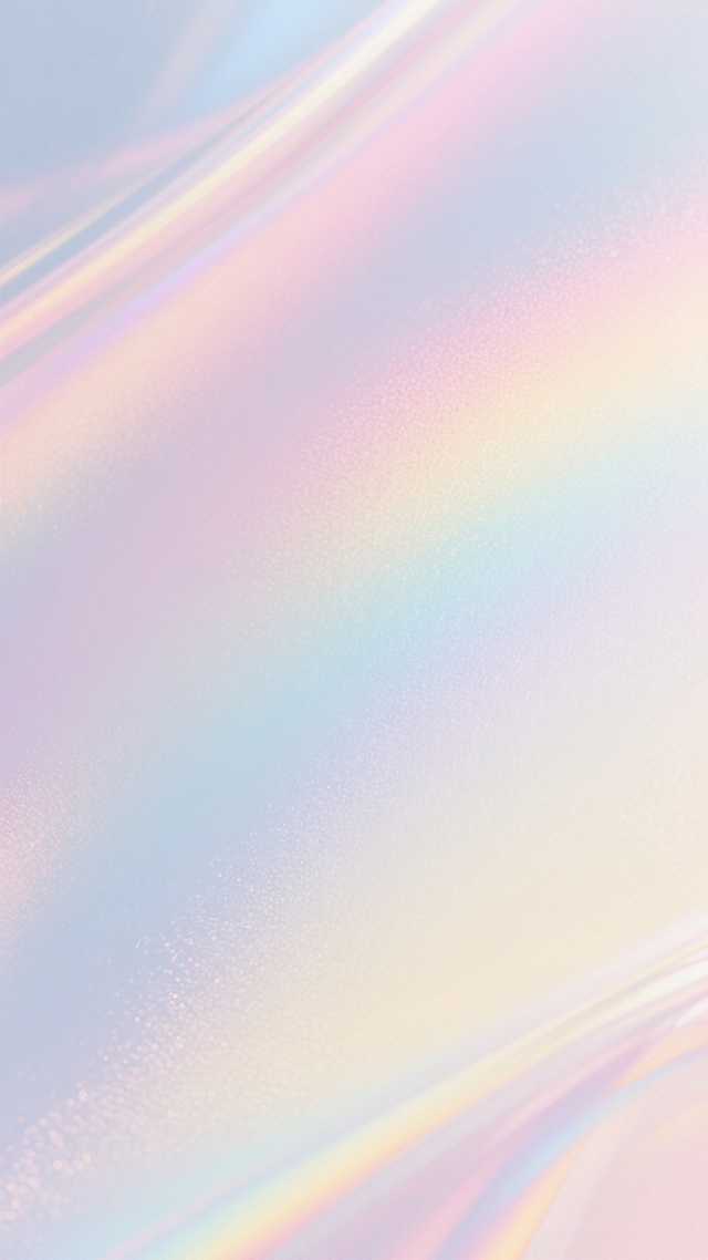 柔和渐变的全息彩虹色背景，以淡粉、浅蓝和淡黄色为主色调，呈现出磨砂玻璃般的高级质感，色彩过渡平滑自然，带有轻微的朦胧光效，整体氛围梦幻而优雅，光线柔和不刺眼，具有细腻的光泽感和细腻的磨砂纹理，色彩饱和度低，给人一种平静舒适的视觉体验。