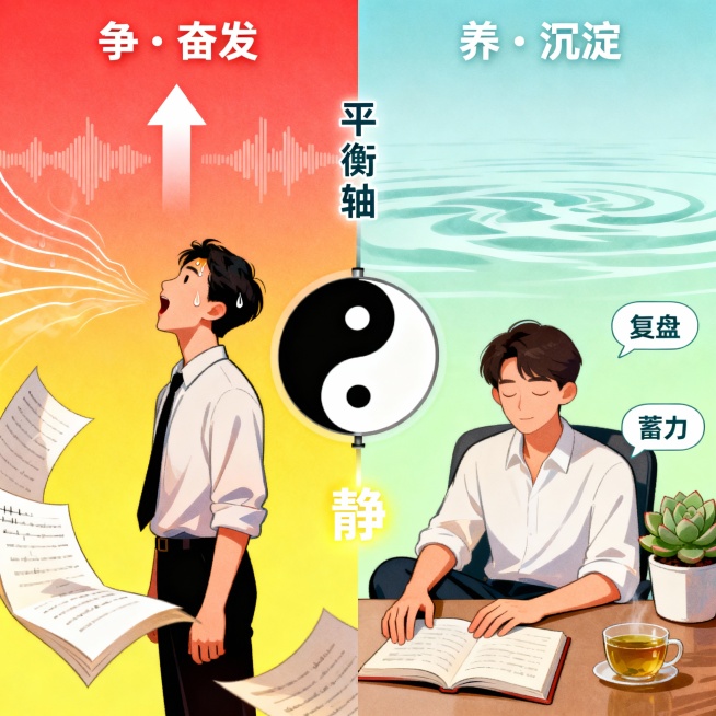画面分为左右两部分，中间有一个圆形“平衡轴”连接，轴上有太极般的黑白渐变，象征张弛有度。左侧是“争・奋发”的场景：配音者站姿挺拔，张嘴发声，气息线条向上飞扬，背景有动态的声波、向上的箭头，剧本被风吹起预览效果