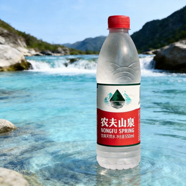 农夫山泉矿泉水，整瓶呈现，保持产品完整，清爽风格，清澈山泉背景，明亮通透色调，突出清凉干净质感，电商主图预览效果