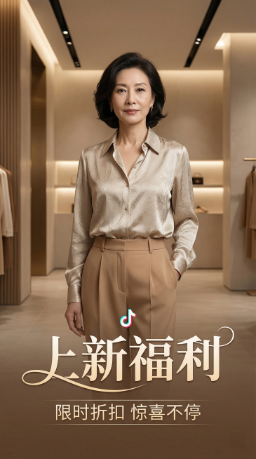 抖音女装带货竖版封面，适合30+成熟女性，穿高级女装的成熟美女居中展示，画面高级简约有质感，下方放置主标题花字"上新福利"，字体抖音圆体，下方添加小字说明，整体风格成熟高级有美感预览效果