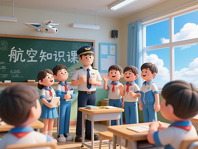 蓝天白云下，一群穿着中国校服的高中生姿态各异，愉悦地站在一位机长身边，他们周围是明亮的教室环境，黑板上写着“航空知识课”，阳光透过窗户洒进来，整体氛围充满青春活力和探索欲，画面采用3D粘土风格，材质厚重，色彩鲜艳，人物造型圆润可爱，细节丰富，场景温馨