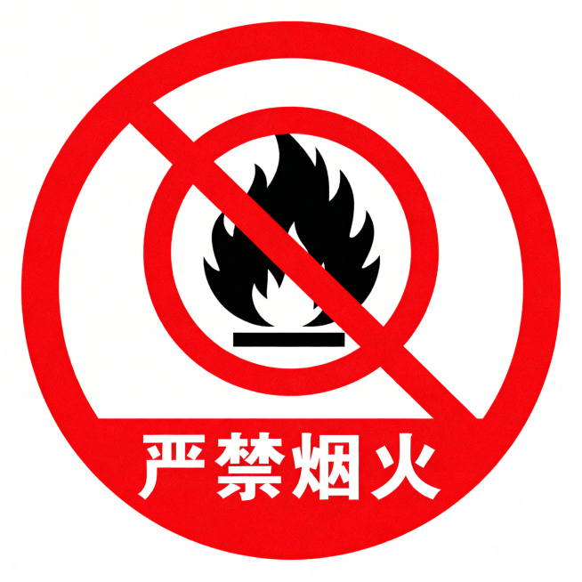 标准规范的严禁烟火安全标识，红色圆形边框，内部是被红色斜杠划掉的黑色火焰图案，下方配有醒目的白色黑体"严禁烟火"字样，整体清晰醒目，符合公共安全标识设计标准预览效果