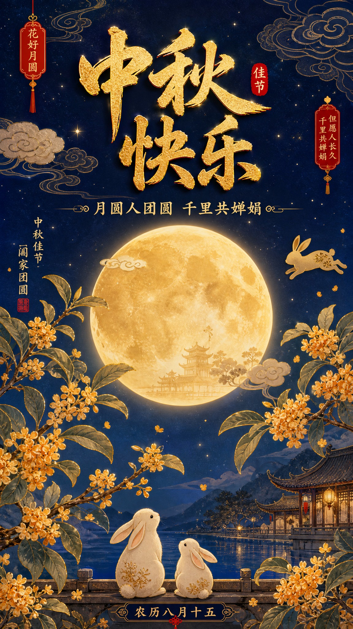 国风新中式工笔风格中秋节日祝福海报，竖版9:16构图。画面中央… - 图片创意预览