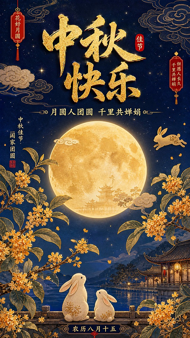 国风新中式工笔风格中秋节日祝福海报，竖版9:16构图。画面中央一轮硕大的金色满月，月光柔和洒下，周围点缀着淡淡的祥云纹理。画面下方有几枝盛开的桂花枝桠从两侧伸入，花瓣细腻，带有工笔画的精致笔触。主标题"中秋快乐"四个大字采用书法字体，金色描边，位于画面上半部分居中位置，醒目大气。副标题"月圆人团圆 千里共婵娟"以较小的雅致字体位于主标题下方。画面底部有"农历八月十五"小字装饰。整体配色以深蓝夜空为底色，搭配金色月光、暖黄桂花和朱红点缀，营造温馨团圆的中秋氛围。传统云纹、玉兔剪影等装饰元素点缀其间，工笔细腻，层次丰富，版式精美，留白得当。画面中所有信息区域必须填充完整合理的内容，不得出现空白框或待填写区域。