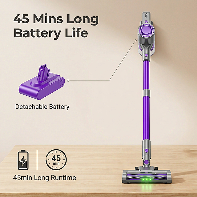 [参考风格] 舒适简约家居治愈
[主图 4] Detachable Battery 45 Minutes Long Runtime
[氛围风格] 干净简约科技感，背景浅暖调
[画面元素] 吸尘器主体放置画面右侧，左侧展示拆卸下来的紫色电池，用细引线连接电池位置标注 "Detachable Battery"，下方用三个图标分别标注对应续航时长 "45min Long Runtime"，背景为浅木色桌面，干净整洁
[配色色系] 浅木色背景，产品紫灰色，文字深灰色
[视角构图] 平视角，左文右图布局，产品和电池清晰展示
[文字版式] 主标题 "45 Mins Long Battery Life" 在左上角悬浮，粗体无衬线；引线标注细节，文字清晰不遮挡主体
[分辨率] 2k 分辨率