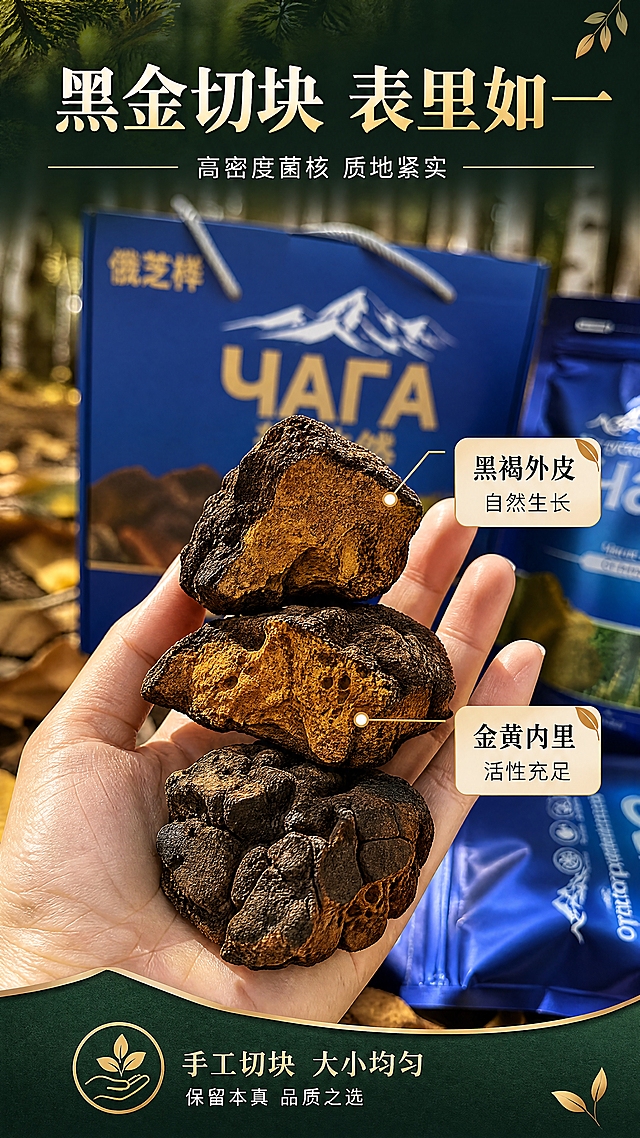 [商品] 使用【图7】手持桦树茸切块特写图；保留桦树茸的黑褐色外皮、黄褐色内里、多孔菌核质地、不规则块状形态；商品处理：增强桦树茸切块的纹理细节与质感，突出外皮黑金光泽与内里金黄层次，不改变原料形态与颜色。
[画面] 页面目标：原料质地特写专张，展示桦树茸真实品相与质地，让消费者直观感受原料品质。构图：中心主体+上下文字区，主体占画面约60%。主体位置：3块桦树茸切块堆叠于画面中心偏下，手部从下方托举展示，突出切块大小与质感。景别：微距特写。前中后景：前景桦树茸切块清晰纹理、中景手部托举、后景虚化的蓝色礼盒与白桦林背景。场景：秋日白桦林地面，散落金黄落叶，自然光线。
[视觉] 套系策略：风格=自然森林养生风商业摄影；标题字=宋体衬线粗体（厚重有质感）；正文字=简洁无衬线体；主色=深蓝+森林绿；背景延展=基于深蓝与森林绿做深浅层级、同色渐变和自然植物光影质感；强调色=暖金色，仅用于小面积图标、引线和标签点缀；标题色=深墨绿+暖金渐变；正文色=深暖灰；组件=圆角浅底信息卡、细线引线、叶片装饰元素；光影=侧逆光，突出桦树茸切块的轮廓与纹理层次，暖调自然光。
[文字] 顶部主标题：「黑金切块 表里如一」（大字号）；副标题：「高密度菌核 质地紧实」；画面右侧用引线标注2处细节：「黑褐外皮 自然生长」「金黄内里 活性充足」；底部短句补充：「手工切块 大小均匀」。文字均为横排，不遮挡主体核心展示区。
[规格] 图片比例9:16竖版，4K分辨率，负向提示：避免变形、错字、文字过小、颜色失真、医疗功效宣传、极限词、人物面部出现。