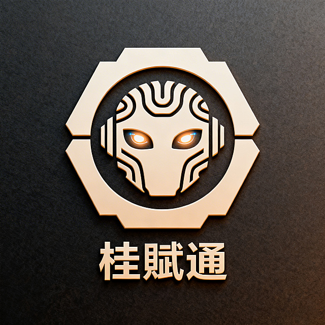 桂赋通LOGO设计方案，主图标以AI机器人头部为核心图形，融入纹路设计，机器人眼睛为发光效果，整体采用暖色调浅色风格，象征智能感知，外框使用多边形或圆形，体现科技感与共情感，LOGO下方添加文字"桂賦通"