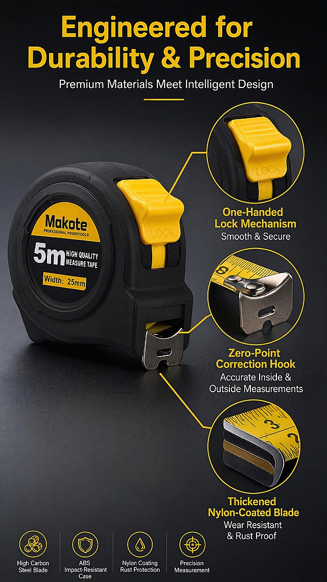 Amazon product detail page - structure and material details close-up. Makote steel measuring tape shown with three magnified detail callouts. Industrial technical style, dark gray gradient background. Main product image on left side, same black ABS case with yellow lock button from reference photo. Three circular magnified insets on right side, each connected by yellow leader line to specific part of the tape measure. Top inset: close-up of yellow lock button mechanism with text "One-Handed Lock Mechanism - Smooth & Secure". Middle inset: close-up of metal tape hook with zero-point correction feature, text "Zero-Point Correction Hook - Accurate Inside & Outside Measurements". Bottom inset: close-up cross-section of thickened measuring blade showing multiple coating layers, text "Thickened Nylon-Coated Blade - Wear Resistant & Rust Proof". Title at top reads "Engineered for Durability & Precision", subtitle reads "Premium Materials Meet Intelligent Design". All text in English, technical and professional tone. Yellow #FFCC00 accent lines and highlights against dark background. Clean information hierarchy, no clutter. 9:16 vertical ratio, 4K resolution, sharp macro details on insets, commercial product photography quality.