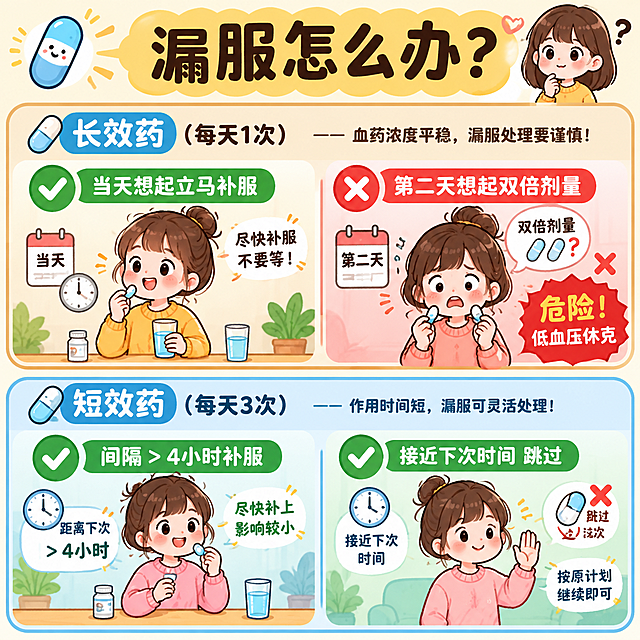 科普漫画风格，温馨可爱的手绘插画。画面分上下两格：上格是长效药（每天1次）漏服场景——当天想起立马补服的打勾✓，第二天想起双倍剂量的打叉✗并标注'危险！低血压休克'；下格是短效药（每天3次）漏服场景——间隔>4小时补服的打勾✓，接近下次时间跳过的打勾✓。配文大字'漏服怎么办？'。色彩温暖明亮，卡通图解风格，清晰明了。