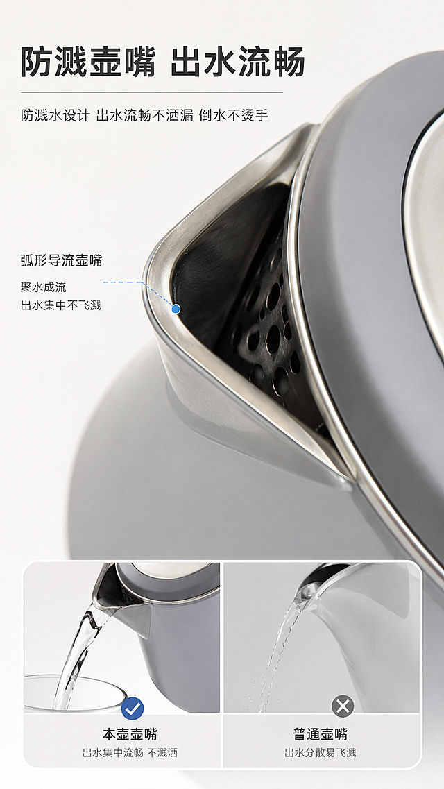 第1张：首屏海报（抓眼球）  • 核心：品牌+产品图+3个核心卖点大字（比如「益美特保温电水壶 | 304钢+双层防烫+一键保温」）  • 设计：用你精修好的壶做主视觉，背景干净，文字别挡产品。  第2张：核心卖点总览（3秒让用户知道优势）  • 核心：把所有卖点做成图标+短句，比如：  ◦ ✅304食品级不锈钢  ◦ ✅一键长效保温  ◦ ✅双层防烫壶身  ◦ ✅全钢无缝内胆  ◦ ✅名牌温控防干烧  • 设计：图标+文字排版，别堆太多字。  第3张：一键保温功能（解决“喝温水麻烦”的痛点）  • 核心：展示保温按钮，写清“烧开自动保温，随时喝温水，不用反复烧”  • 加分：加个“早上烧的水，下午还是温的”场景文案。  第4张：304食品级不锈钢材质（解决“安全”顾虑）  • 核心：标注304钢印，写“食品接触级材质，烧水无异味，用着放心”  • 加分：放国标认证/检测相关的小图标，增强信任。  第5张：全钢无缝内胆（解决“藏污纳垢、难清洗”的痛点）  • 核心：对比“有缝内胆vs无缝内胆”，突出“无死角、不藏垢、好清洗”  • 设计：用示意图画内胆，别用夸张的爆炸图，简单对比就行。  第6张：双层防烫壶身（解决“怕烫手”的痛点）  • 核心：用手轻握壶身的示意图，写“外层不烫手，老人小孩用着安全”  • 加分：标注“外层隔热层+内层不锈钢”的结构说明。  第7张：名牌温控器+防干烧保护（解决“耐用、安全”的顾虑）  • 核心：写“精准控温，水开自动断电；干烧自动保护，延长使用寿命”  • 设计：温控器的示意图+文字说明，别太复杂。  第8张：壶嘴细节（解决“倒水溅水”的顾虑）  • 核心：特写壶嘴，写“防溅水设计，出水流畅不洒漏，倒水不烫手”  • 加分：加个倒水的示意图，展示出水效果。  第9张：壶盖/把手细节（解决“使用体验”的顾虑）  • 核心：特写把手，写“人体工学把手，握感舒适不打滑”；特写壶盖，写“密封严实，保温效果好”  第10张：容量/参数说明（让用户知道合不合适）  • 核心：用表格写清参数：容量、功率、材质、保温时长、适用电压等  • 设计：表格+产品图，清晰明了，别堆文字。  第11张：使用场景展示（让用户有代入感）  • 核心：放3个场景：厨房烧水、办公室用、给孩子冲奶，写“家庭/办公/租房都适用”  • 加分：用干净的场景图，别太杂乱。  第12张：清洗保养+注意事项（解决“怕用坏”的顾虑）  • 核心：写“怎么清洗水垢、怎么保养内胆、使用注意事项（别干烧、别超水位）”  • 设计：用图标+短句，简单易懂。  第13张：售后保障（打消“买了出问题怎么办”的顾虑）  • 核心：写“正品保障、7天无理由、售后保修、运费险”等，加品牌logo和店铺承诺 • 设计：干净的排版，突出“放心买”的感觉。单图比例为 9:16 ，做淘宝详情图需求屏数为13张。 「图片1」「图片1」「图片1」「图片1」「图片1」「图片1」