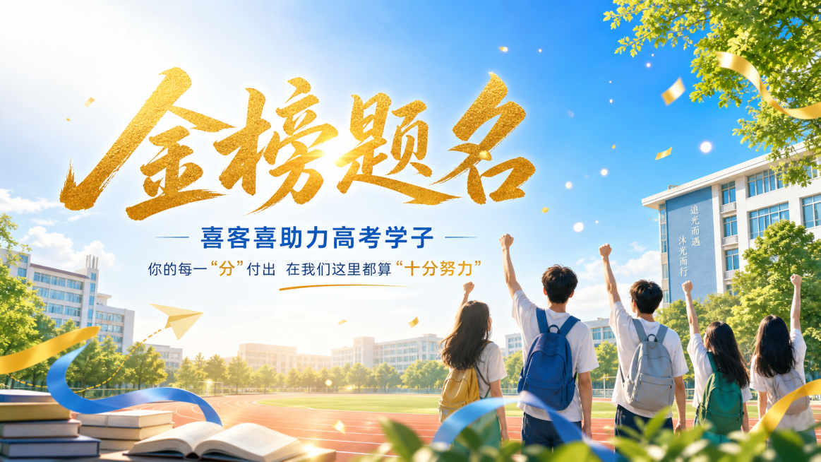 大屏幕16:9横向海报，主题金榜题名，喜客喜助力高考学子，大字标题"金榜题名"，副标题"喜客喜助力高考学子"，配文"你的每一'分'付出 在我们这里都算'十分努力'"，整体风格青春激昂，简洁明了，无营销预览效果
