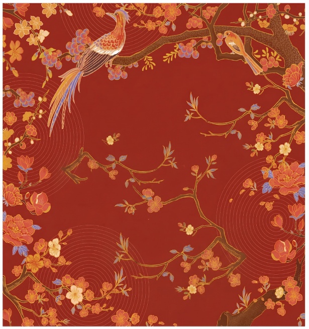 去掉图中的三条鱼和所有文字（祺宴、祈福纳新万事顺遂、印章小字），保留原图的红底、花枝、飞鸟的国潮风格，保持整体构图和红色背景一致性，填补移除区域后画面自然协调预览效果