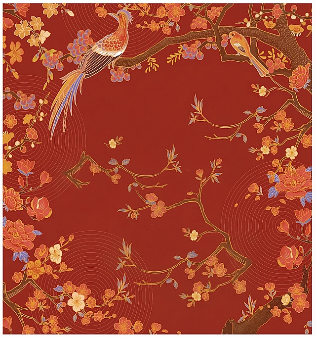 去掉图中的三条鱼和所有文字（祺宴、祈福纳新万事顺遂、印章小字），保留原图的红底、花枝、飞鸟的国潮风格，保持整体构图和红色背景一致性，填补移除区域后画面自然协调