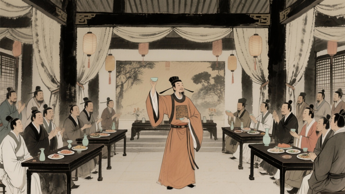 唐代宴会场内，黎州刺史起身行酒令，神情得意预览效果