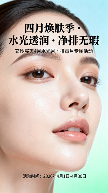 医美美容行业活动宣传海报，主标题："四月焕肤季・水光透润・净排无瑕"，副标题："艾玲宸美 4 月水光月・排毒月专属活动"，整体风格清透高级，淡蓝浅绿渐变背景，干净简约，适合美肤行业，展示水润透亮的肌肤预览效果