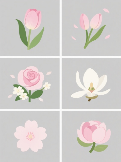一套六张的系列素材集合，每张素材均为规整排布的单一花朵造型图案，花朵包含郁金香、桂花、玫瑰花、白玉兰、樱花、芍药基本元素内容，整体造型简约现代，采用纯色背景。其中郁金香图案为两朵粉色郁金香花苞，搭配几片绿色叶子和飘落的花瓣，线条流畅，色彩柔和，具有清新自然的设计感。预览效果