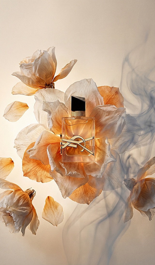 背景：浅米色（Hex: #F5E9D8）柔和渐变平面背景，带轻微朦胧感，质感细腻高级
画面风格：轻奢写实风，柔和侧逆光，光影层次通透，右侧带朦胧烟雾效果，整体氛围优雅奢华
颜色：
背景：浅米色（Hex: #F5E9D8）
花朵：白色（Hex: #FFF1E6）+ 暖橙色渐变（Hex: #F7C89E）
香水瓶：透明玻璃（Hex: #FFFFFF）+ 鎏金瓶盖（Hex: #F2C478）
烟雾：半透明灰蓝渐变（Hex: #C9C9D1）
画面中各元素位置：香水瓶置于画面水平 + 垂直中心的白色花朵花心里；周围散落同色系花朵；右上角有半透明烟雾遮挡部分画面
材质说明：花朵为半干永生花质感，带通透褶皱；香水瓶为透明玻璃 + 鎏金金属质感；烟雾为轻盈半透明质感；背景为柔和哑光渐变
主要产品（香水瓶）位置 & 占比：香水瓶视觉占比约 10%，是核心视觉焦点；花朵与背景占比约 90%，营造氛围感