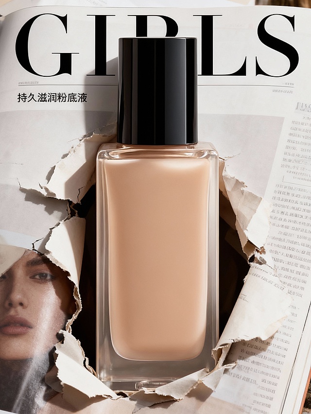 杂志风封面撕裂，露出粉底液瓶身，时尚感与拼贴艺术结合，现代简约美学，传递轻盈滋润的护肤体验。