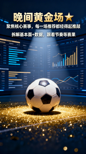 足球晚间黄金场赛事海报，中心是聚光灯下的足球，数据表格和分析线条做背景，深蓝色调搭配金色闪光，海报设计包含文字：主标题"晚间黄金场🌟"，副标题"聚焦核心赛事，每一场推荐都经得起推敲"，正文"拆解基本预览效果