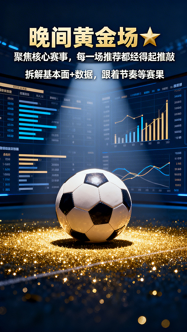 足球晚间黄金场赛事海报，中心是聚光灯下的足球，数据表格和分析线条做背景，深蓝色调搭配金色闪光，海报设计包含文字：主标题"晚间黄金场🌟"，副标题"聚焦核心赛事，每一场推荐都经得起推敲"，正文"拆解基本面+数据，跟着节奏等赛果"，现代资讯风格，层次感强，吸睛醒目