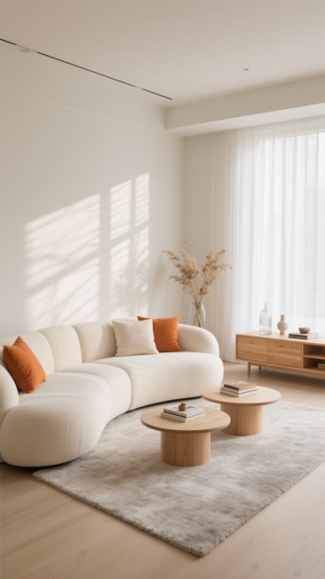 极简主义风格客厅室内设计，以米白色和浅原木色为主色调，温暖柔和的自然光透过白色纱帘洒入，在墙面投下细腻的光影纹理。巨大的米白色弧形布艺沙发，搭配多个同色系靠垫和几个橙色抱枕，沙发前铺着浅灰色毛绒地毯，地毯上放置两个圆形浅色木质茶几，茶几上摆放着几本书籍和小型装饰品。沙发一侧有一个低矮的原木色边柜，上面摆放着透明玻璃花瓶和装饰品，旁边地面上有一盆插着干花的花瓶，整体空间宽敞明亮，线条简洁流畅，充……预览效果