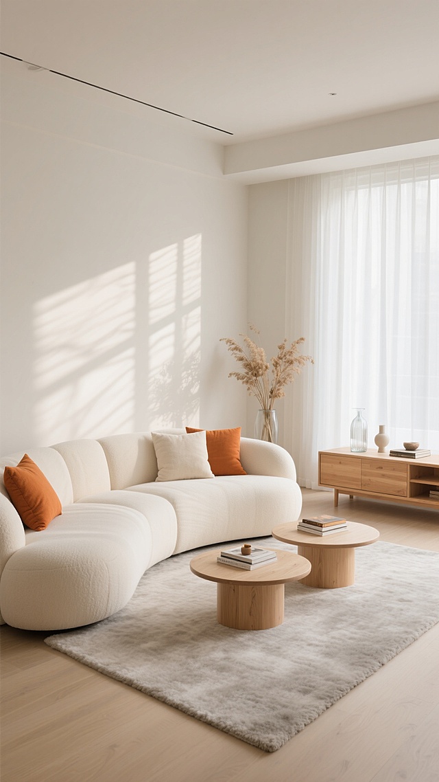 极简主义风格客厅室内设计，以米白色和浅原木色为主色调，温暖柔和的自然光透过白色纱帘洒入，在墙面投下细腻的光影纹理。巨大的米白色弧形布艺沙发，搭配多个同色系靠垫和几个橙色抱枕，沙发前铺着浅灰色毛绒地毯，地毯上放置两个圆形浅色木质茶几，茶几上摆放着几本书籍和小型装饰品。沙发一侧有一个低矮的原木色边柜，上面摆放着透明玻璃花瓶和装饰品，旁边地面上有一盆插着干花的花瓶，整体空间宽敞明亮，线条简洁流畅，充满温馨舒适的居家氛围，光线充足，阴影柔和，材质表现细腻，营造出宁静、简约而高级的居住环境。