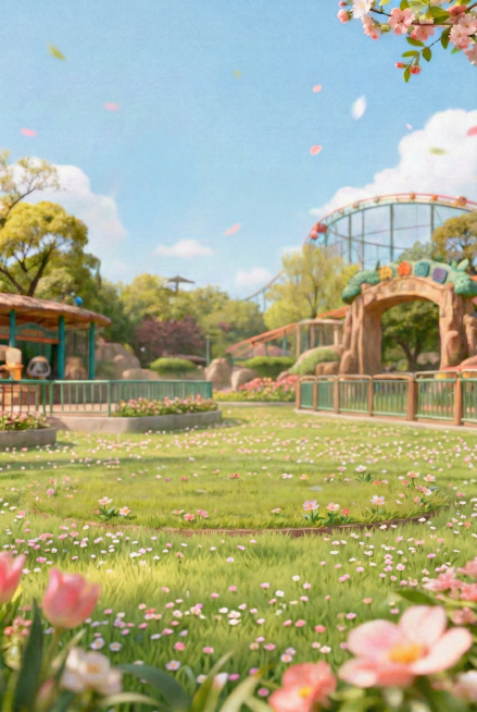 将地面全部替换为嫩绿的草坪，草坪上点缀着粉色、白色的小野花，保持原有的春日动物园背景元素预览效果
